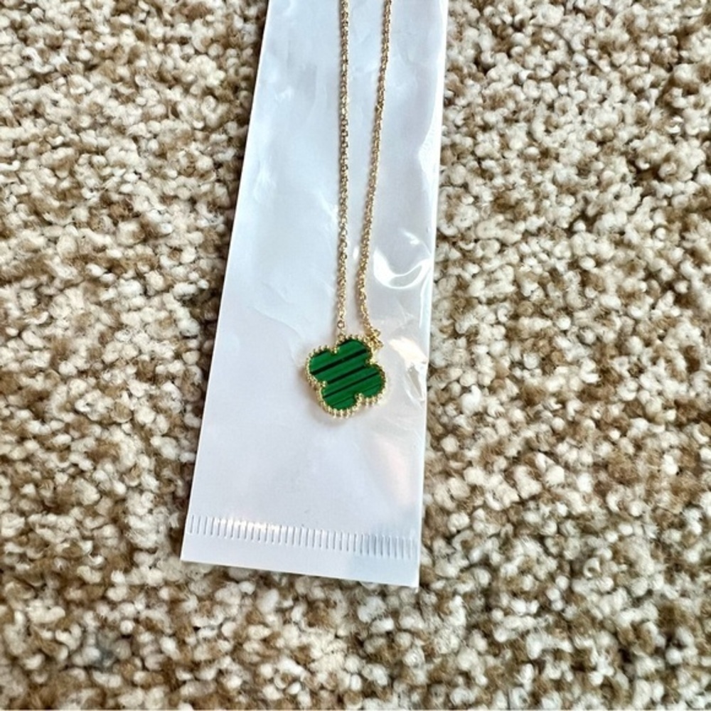 Green Quatrefoil Necklace Four Leaf Clover Gold Plated